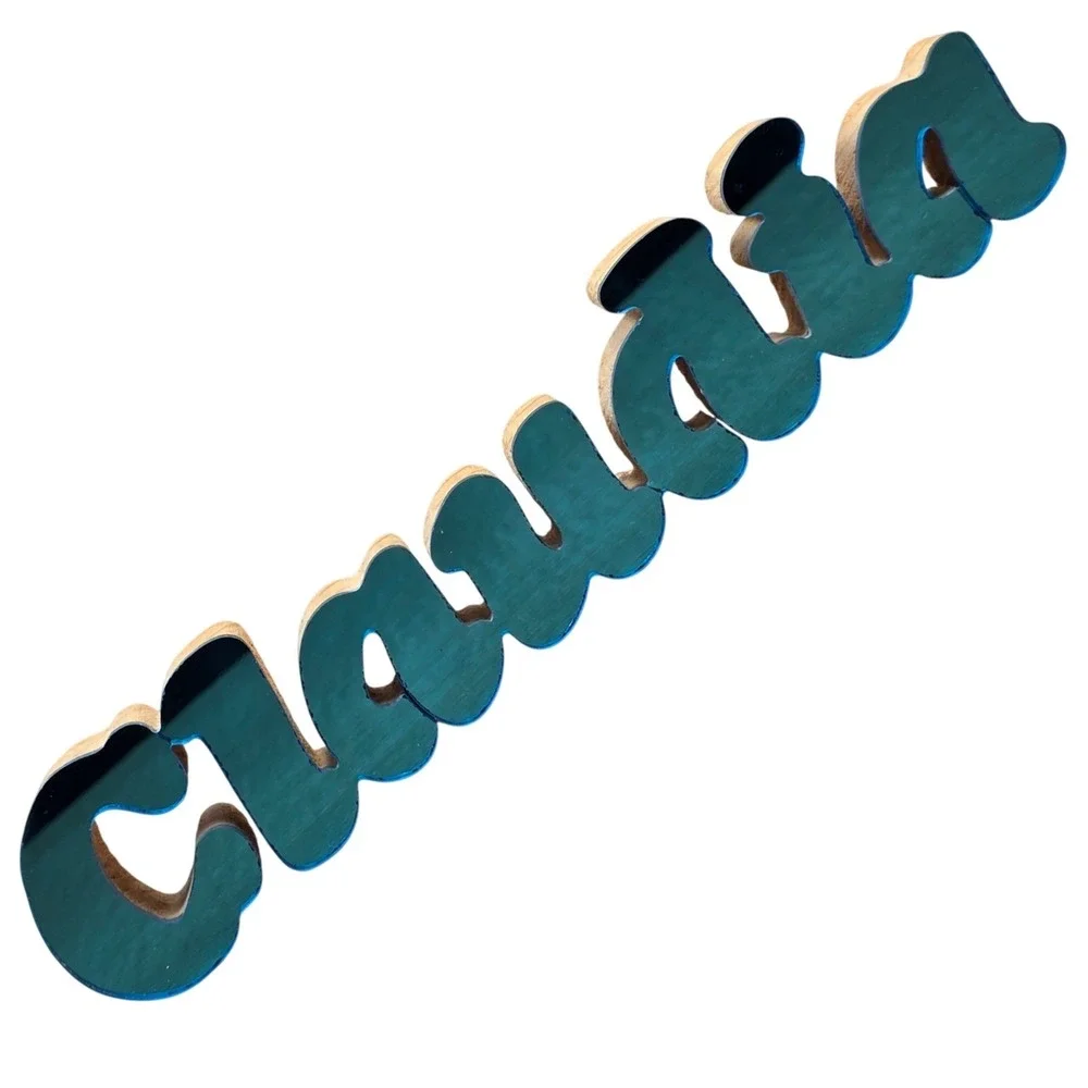 Aqua Blue and Wood CLAUDIA desk sign 10